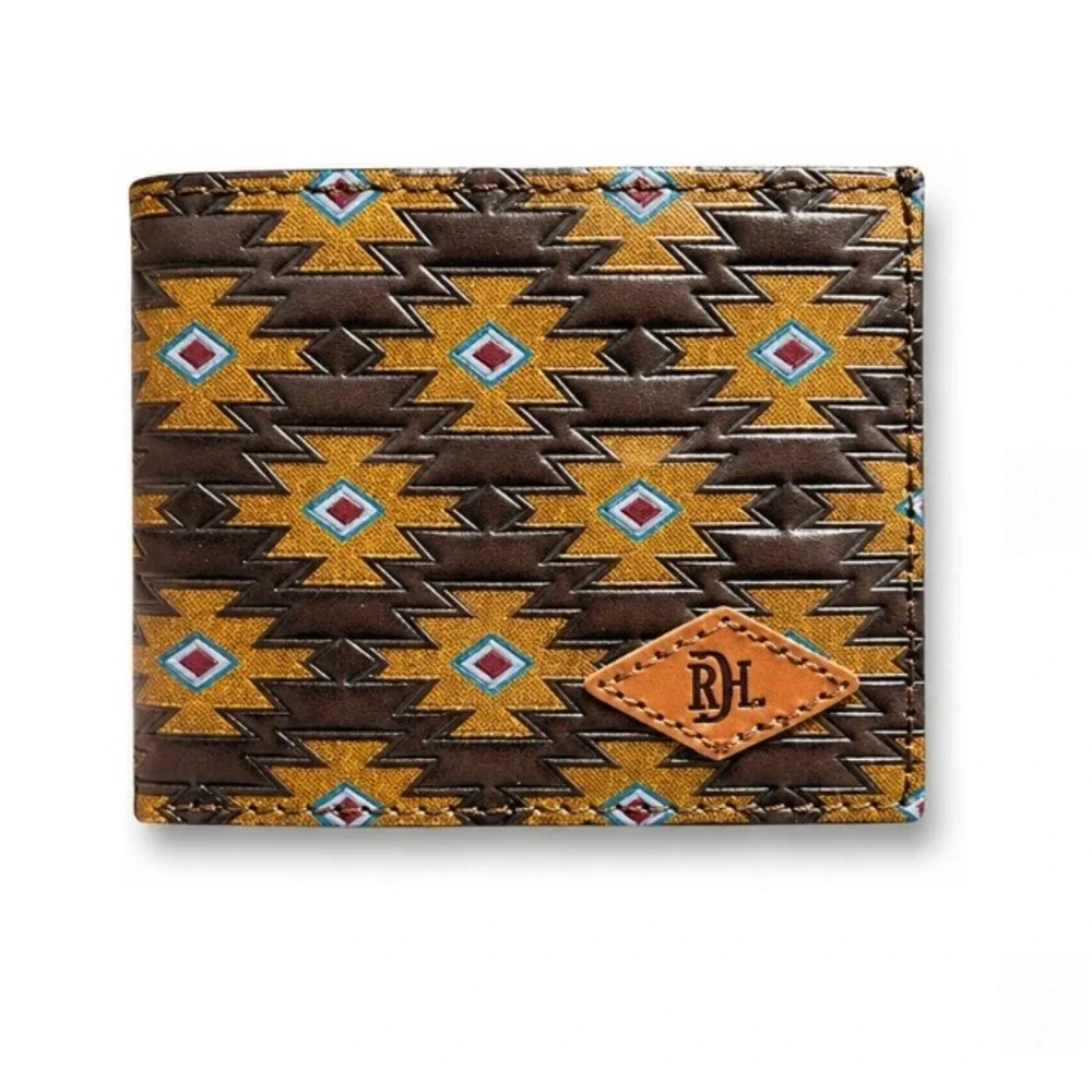 New Red Dirt Hat Co Genuine Leather Aztec Western Bifold Slim Wallet Brown Rodeo